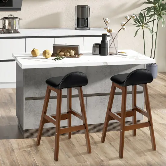 Costway Set of 2 Upholstered PU Leather Barstools 27.5'' Wooden Dining Chairs Black&Brown {4}