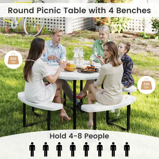 Costway Round Picnic Table Bench Set with 4 Benches Umbrella Hole All Weather Tabletop White/Green/Gray/Black {5}