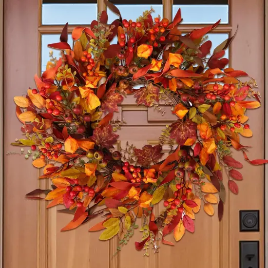 24" Berry Branches Fall Wreath with Colorful Mixed Leaves {3}