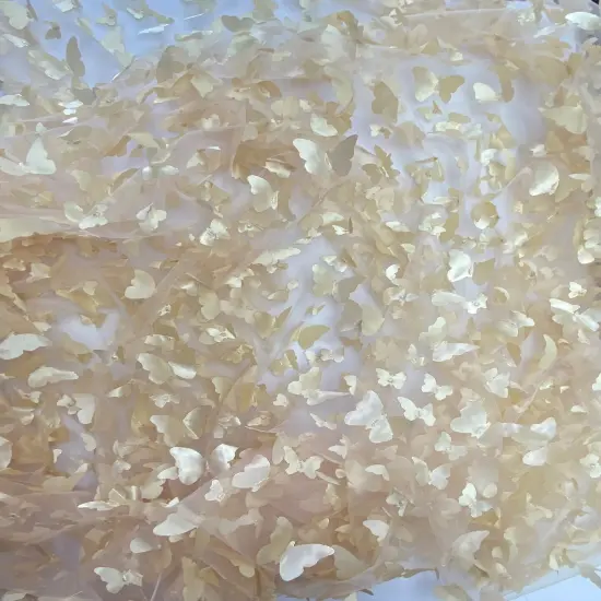 1 Yard Champagne 3D Butterfly Mesh Fabric with Satin Appliqu&eacute; on Stretch Sheer Base 54 Inch Wide {5}