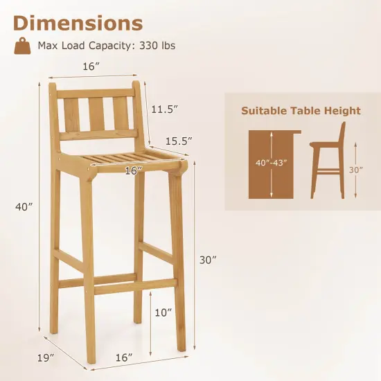 Costway 1/2/4 PCS 30" Teak Wood Bar Stool with Footrest & Backrest Wooden Bar Height Chair {3}
