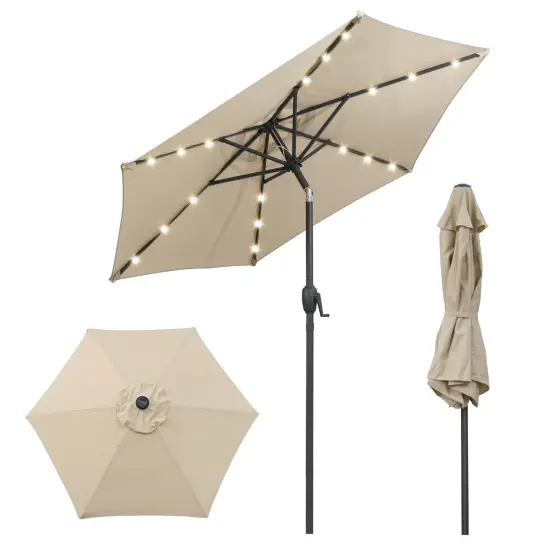 Costway 7.5 ft Solar Powered Patio Umbrella with LED Lights Push Button Tilt Crank Handle Beige/Gray/Navy/Black/Brown/Red {7}