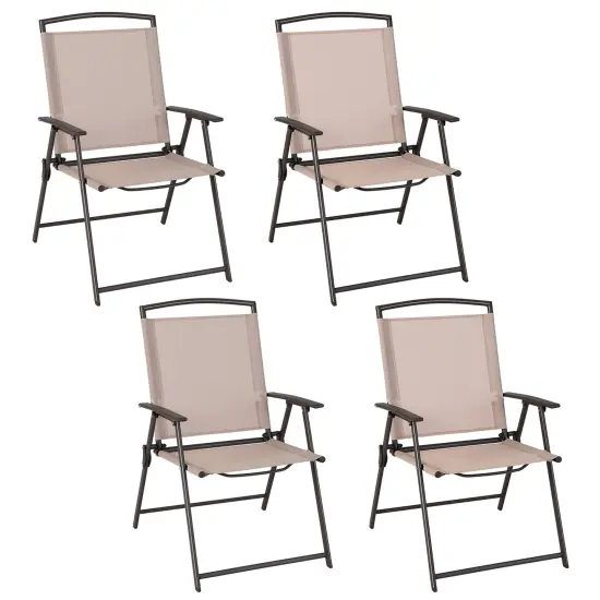 Costway 4 pcs Patio Folding Sling Dining Chairs Armrests Steel Frame Outdoor Beige/Grey {7}