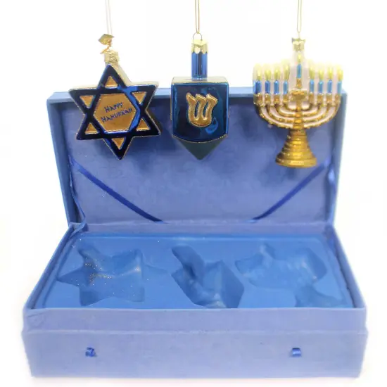 Noble Gems 4.5 Inch Hanukkah Ornament Set/3 Tree Ornament , Menorah Dreidel Star Blue {1}