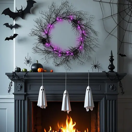 Halloween Wreath - Lighted Black Spider Wreath with Purple Lights {3}