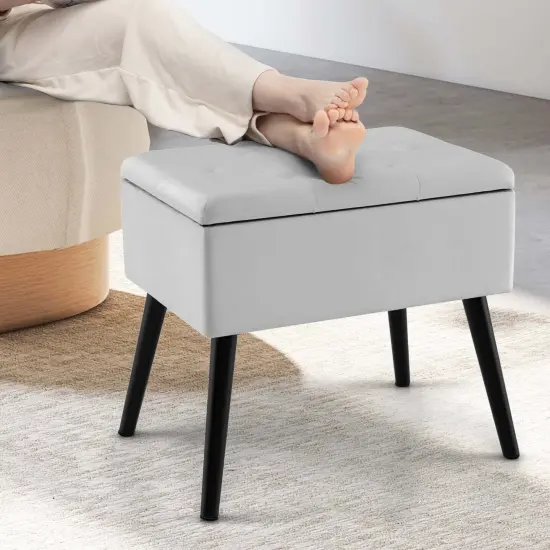 Costway Velvet Vanity Stool Ottoman with Storage Solid Wood Legs Flip-Up Top for Entryway Gray/Beige/Black {11}