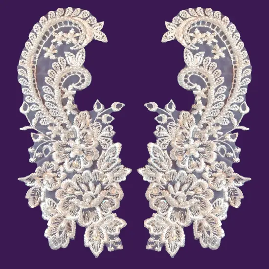 1 Pair Beaded Bridal Lace Applique Embroidered on 100% Polyester Organza 8.75" x 4" Each Side White {1}