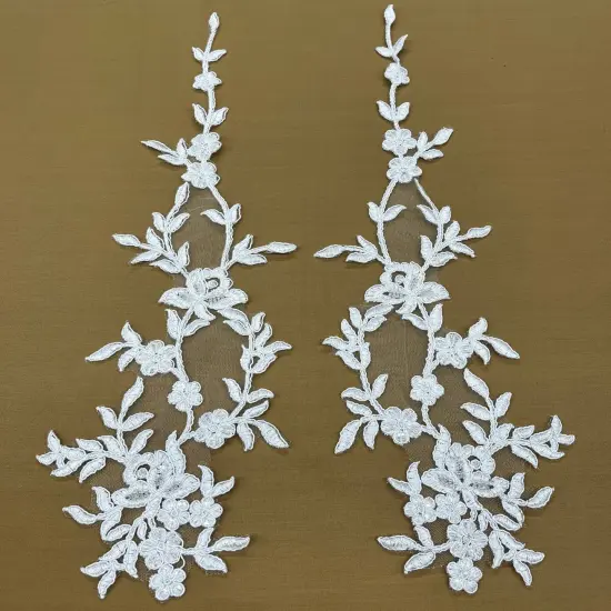 1 Pair Beaded & Corded Floral Lace Applique 17" X 4.5" Each Side, 100% Polyester Net Mesh White {1}