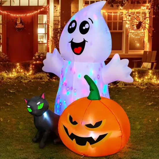 GOOSH Halloween Inflatable 5FT Ghost with Black Cat and Pumpkin with Built-in LEDs {2}