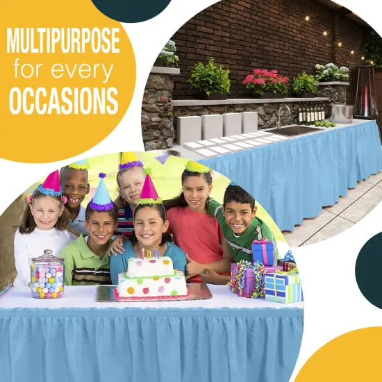 Ruffle Disposable Table Skirt 14 Ft Long Pleated Table Skirts with Adhesive Strip &ndash; Fits 6ft+ Rectangle or Round Tables &ndash; Ideal for Birthday Parties, Gender Reveal, Baby Showers & Event Decorations 6 pack by Exquisite Ligh Blue {5}