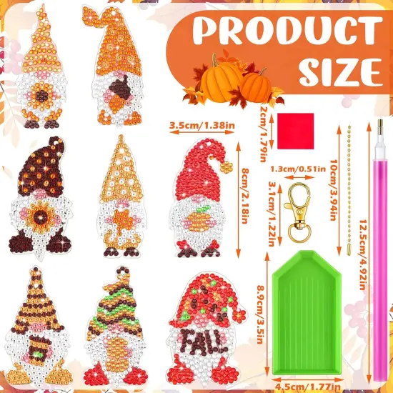 8 Pcs DIY Gnome Pumpkin Sunflower Keychain Diamond Painting Kits {3}