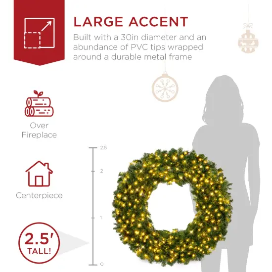 Best Choice Products Artificial Pre-Lit Fir Christmas Wreath Decoration w/ LED Lights {4}
