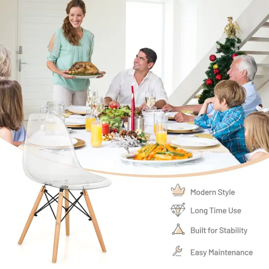 Set of 4 Dining Chairs Modern Plastic Shell Side Chair w/ Clear Seat & Wood Legs {5}