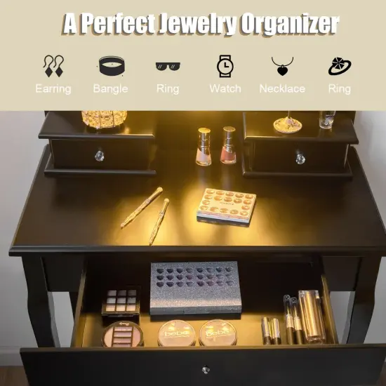 Costway Bedroom Vanity Set Makeup Dressing Table w/3 Drawers 10 LED Bulb Black {6}