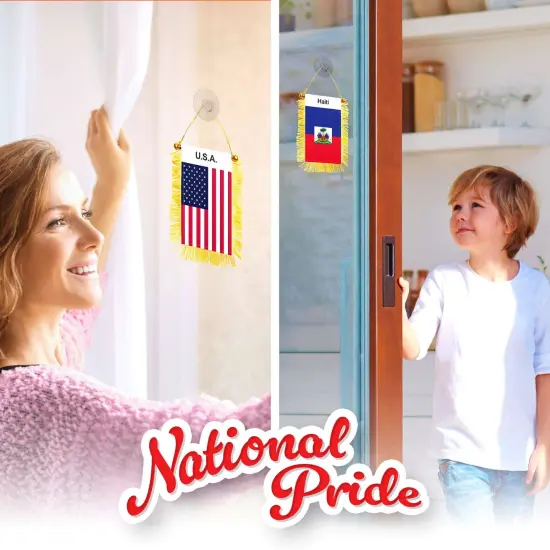 G128 Combo Pack: American USA & Haiti Haitian Fringy Flag Double Sided 3x5 In | Both Fringy Hanging Flag with Suction Cup {6}