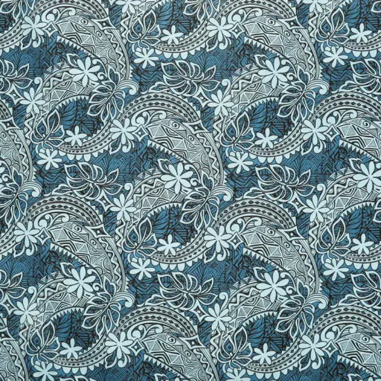 1 Yard Tiare & Monstera Leaf Tribal Print Cotton Fabric, 36" L x 45" W Blue {1}
