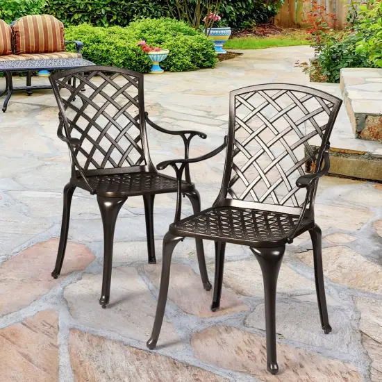 Costway Outdoor Cast Aluminum Arm Dining Chairs Set of 2 Patio Bistro Chairs, Brown {5}