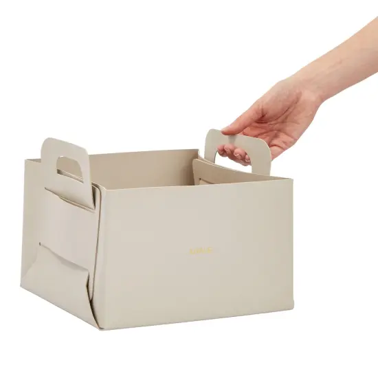 2 Pack Faux Leather Foldable Storage Bins with Handles, Collapsible Baskets for Home Organization (Grey, 10 x 9.5 x 6.5 inches) {4}