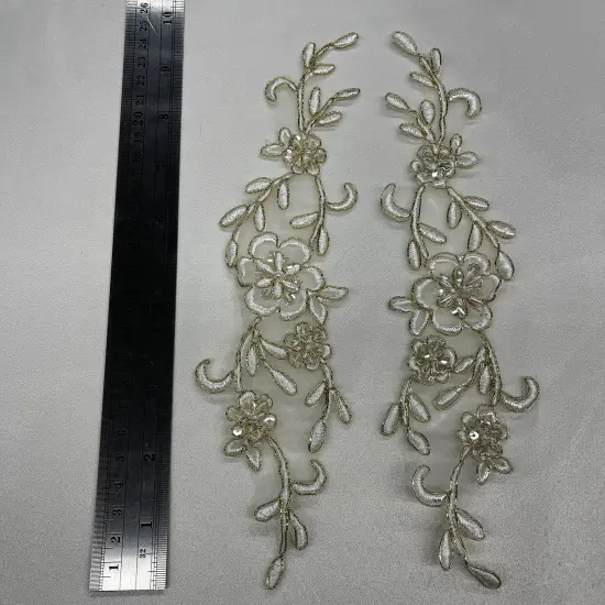 1 Pair Beaded & Corded Lace Applique Embroidered on 100% Polyester Organza 10" x 2" Each Side Ivory / Gold {1}