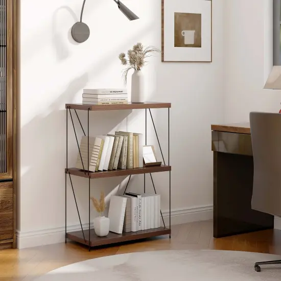 Costway 1/2 PCS 3-Tier Multipurpose Display Rack Freestanding Bookcase with Metal Frame Walnut {2}