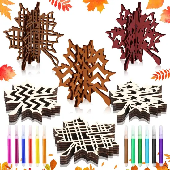 36 Pcs Fall Crafts Set 24 Maple Leaf Wood DIY Crafts Cutouts with 12 Colored {1}