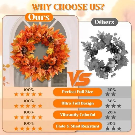 20 Inch Autumn Wreath with Pumpkins Maple Leaves {3}