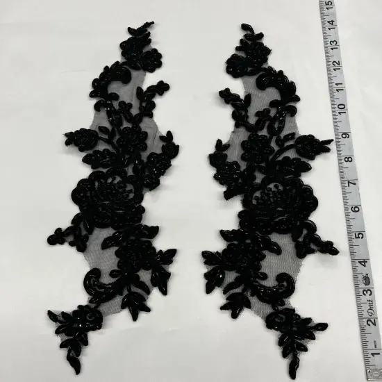1 Pair Beaded & Corded Floral Lace Applique Embroidered on 100% Polyester Net Mesh 15" X 3.5" Each Side White/Silver {4}