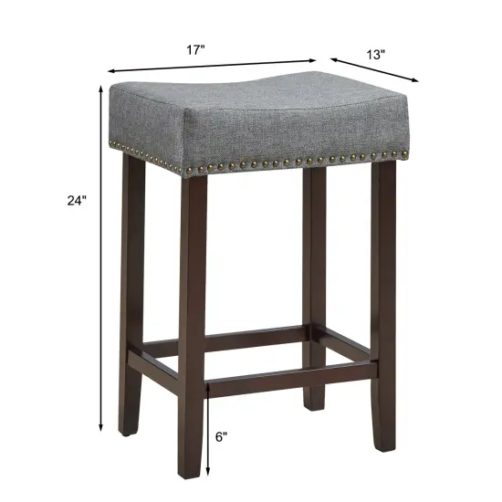 Costway Set of 2 Nailhead Saddle Bar Stools 24'' Height w/ Fabric Seat & Wood Legs BeigeGray {3}