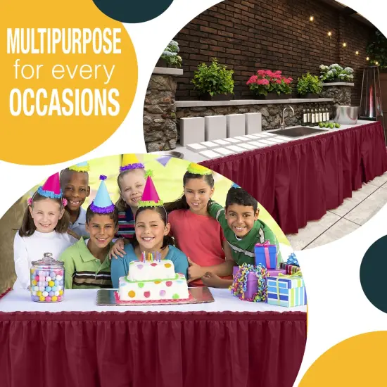 Ruffle Disposable Table Skirt 14 Ft Long Pleated Table Skirts with Adhesive Strip &ndash; Fits 6ft+ Rectangle or Round Tables &ndash; Ideal for Birthday Parties, Gender Reveal, Baby Showers & Event Decorations 6 pack by Exquisite Burgundy {5}