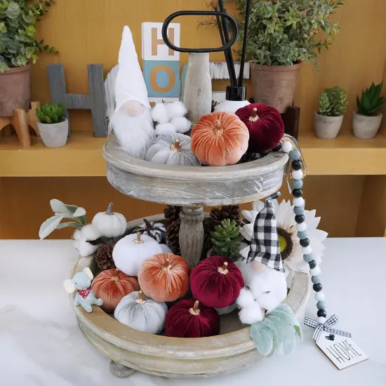 12 Pcs Assorted Small Faux Rustic Velvet Pumpkins Decorative {3}