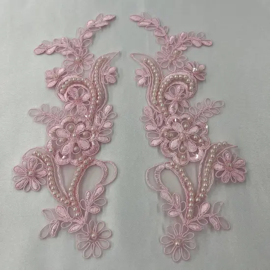 1 Pair Beaded & Corded Floral Lace Applique 9" x 2.5" Each Side Pink (BP) {1}