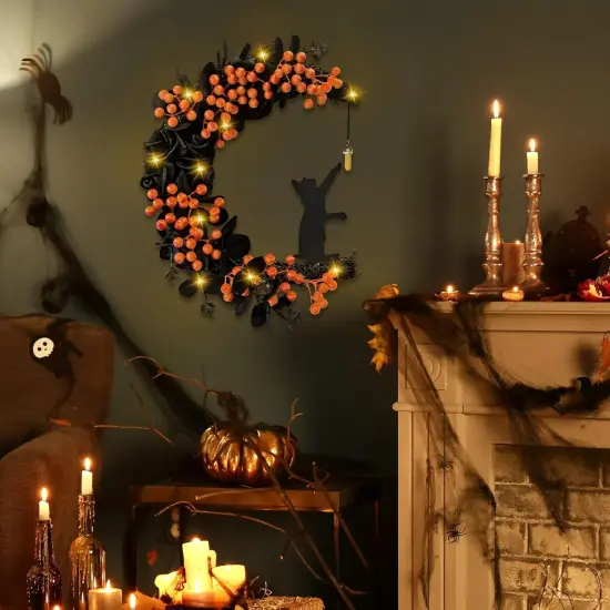 Black Cat Moon Door Decor with Lights - Halloween Wreath {5}