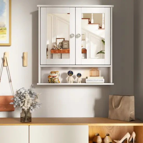 Wall Cabinet with Double Mirror Doors Adjustable Shelf Storage for Bathroom and Bedroom White {5}
