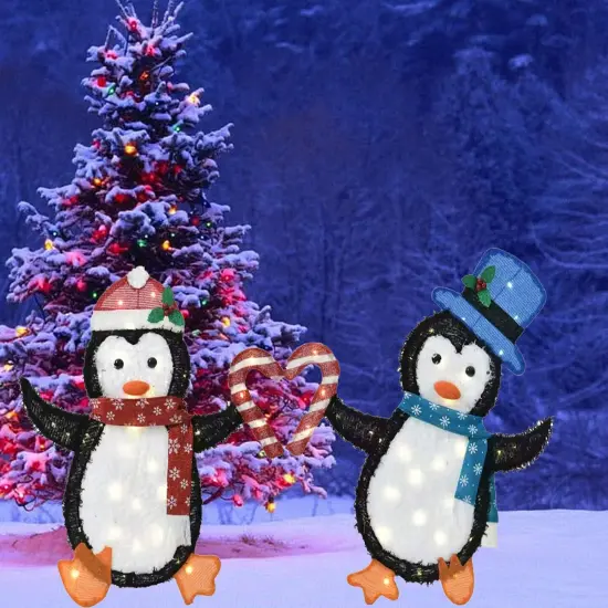 Set of Two Penguins Figurines, Heart-Shaped Decorative Indoor Outdoor 30 and 32 Inch {4}
