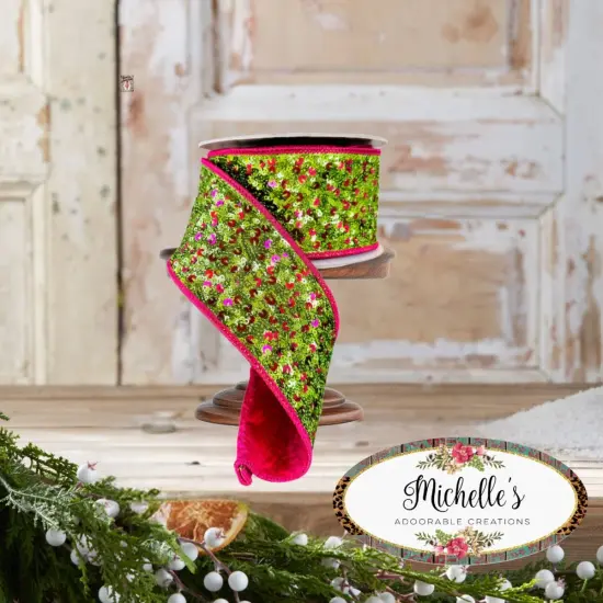 2.5" Sequin Treasure Ribbon: Hot Pink/Lime (5 Yards) {4}