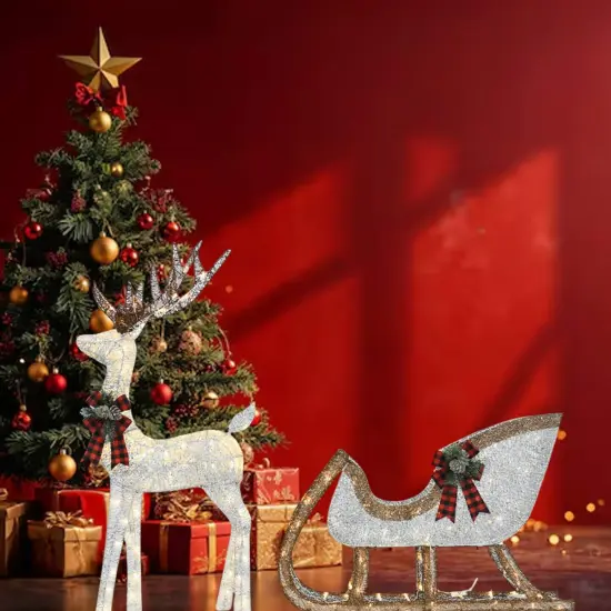 48" Silver Deer & 38" Sleigh Set Pre-Lit Holiday Yard Decoration {3}