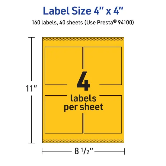 Avery Bright Yellow Paper Labels, 4" x 4" Square {5}