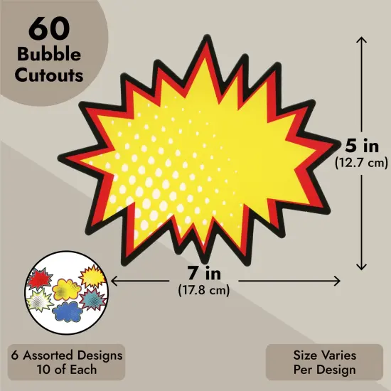 60 Pack Superhero-Themed Bulletin Board Cutouts – 5x7 Inch Poster Decorations, Starburst Signs for Comic Book Birthday, School Supplies (6 Unique Designs) {4}
