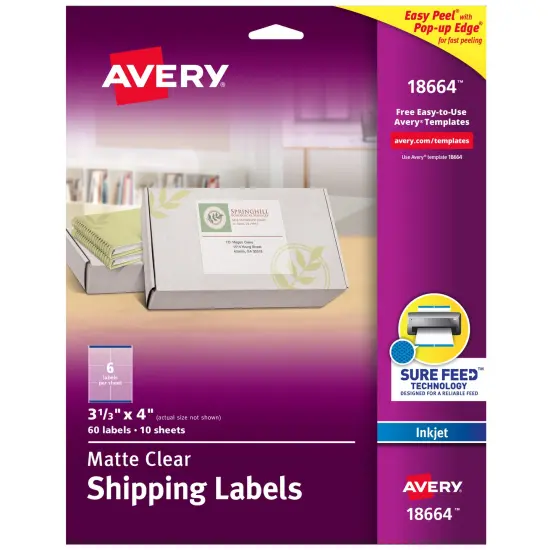Avery Matte Clear Shipping Labels, Sure Feed Technology, Inkjet, 3-1/3" x 4", 60 Labels (18664) {1}
