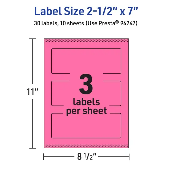 Avery Bright Pink Paper Labels, 2.5" x 7" Rectangle {5}