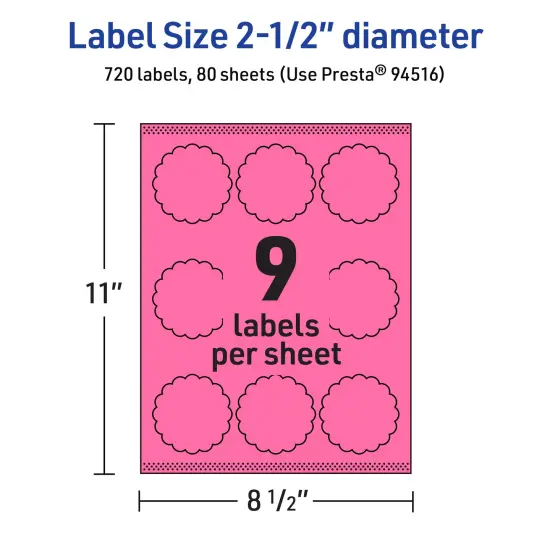 Avery Bright Pink Paper Labels, 2.5" Diameter Round Scalloped {5}