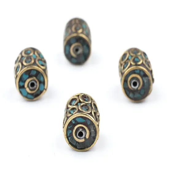 The Bead Chest Inlaid Nepali Cylindrical Brass Beads 10mm, Set of 4 Multicolor Cylinder Large Hole {4}