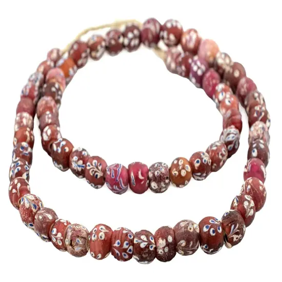 The Bead Chest Antique Venetian Flower White Heart Beads 11mm Ethiopia African Red Round Glass Large Hole 25 Inch Strand Handmade {3}
