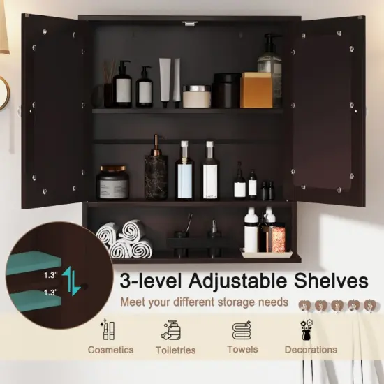 Wall Cabinet with Double Mirror Doors Adjustable Shelf Storage for Bathroom and Bedroom Brown {2}