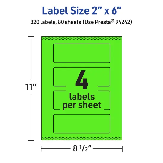 Avery Neon Green Paper Labels, 2" x 6" Rectangle {5}