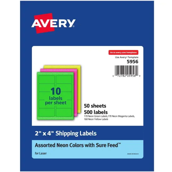 Avery 2"x 4" Neon Shipping Labels with Sure Feedfor Laser Printers, Assorted: Green, Pink, Yellow Labels, 500 Neon Labels (5956) {1}