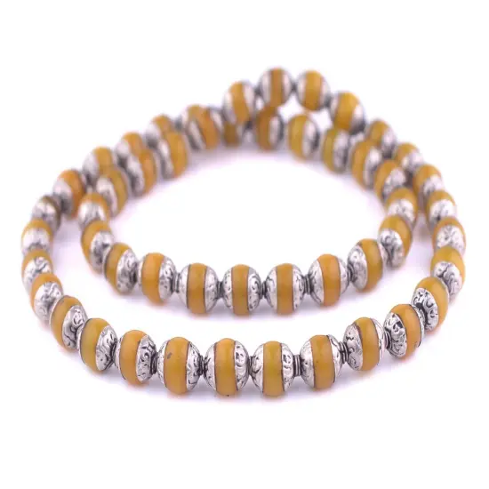 The Bead Chest Capped Amber with Silver Gemstone Beads, Full Strand of Round Nepalese Stone Beads, Great for DIY Jewelry Necklace & Bracelet Making {3}