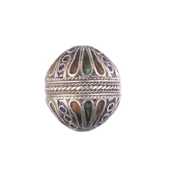 The Bead Chest Extra Fancy Silver Enamel Berber Bicone Bead Pendant 29mm Morocco African Multicolor White Metal Large Hole Handmade {2}