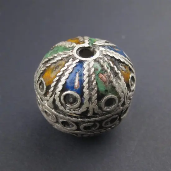The Bead Chest Artisanal Enameled Round Silver Berber Bead 28mm Morocco African Oval White Metal Handmade {4}