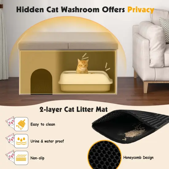 Costway Cat Litter Box Enclosure Hidden Furniture Cat Washroom Shoe Storage Bench Beige/Grey {5}